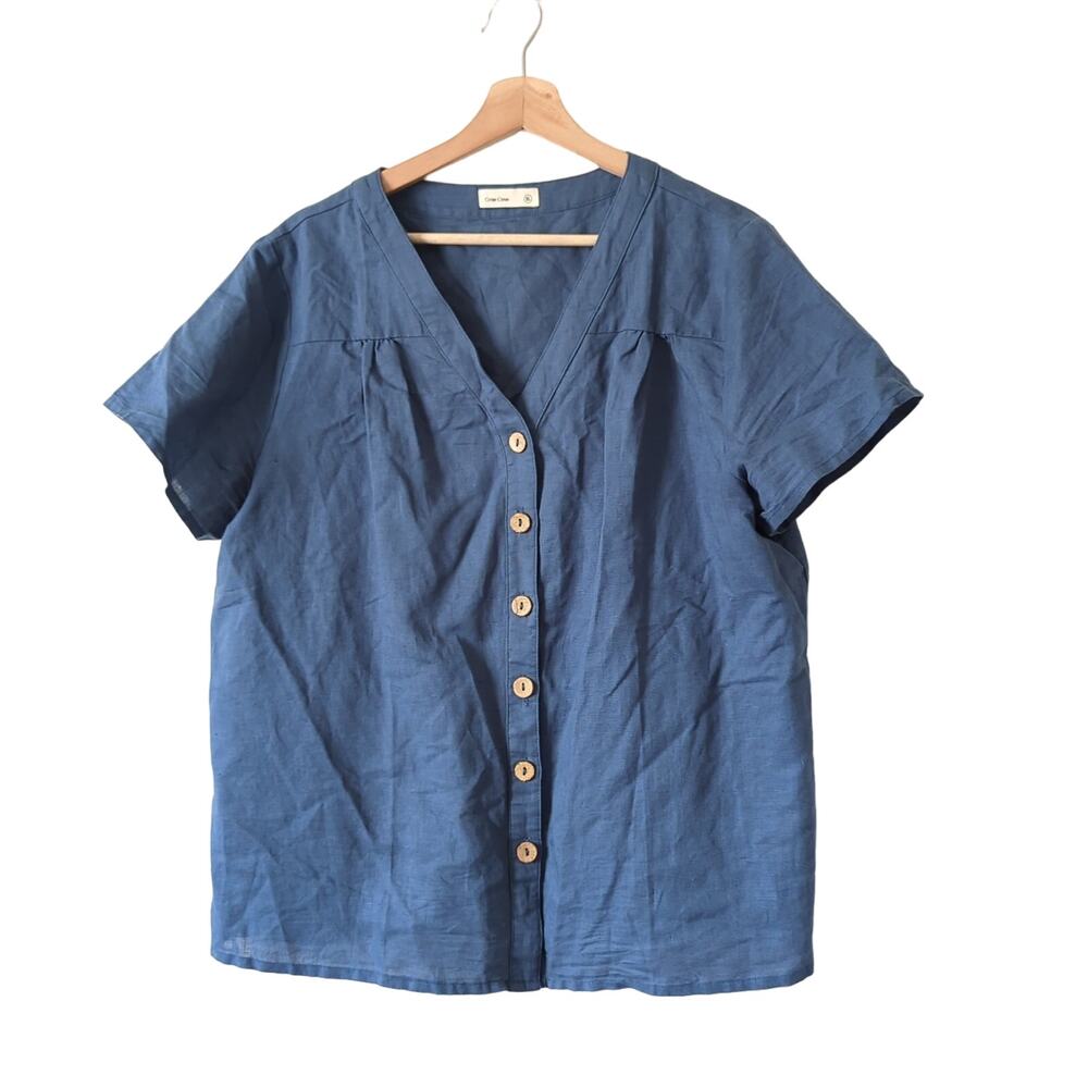 Grae Cove Womens Top XL Blue Button Short‎ Sleeve Linen Cotton Cottage Prairie